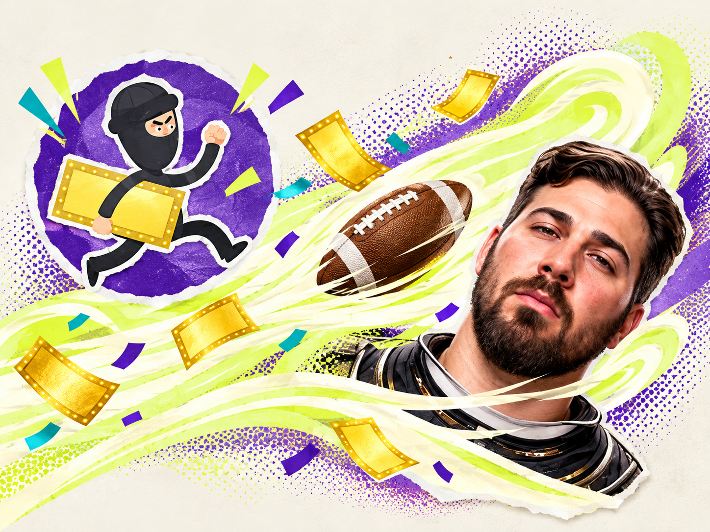 Playful sports illustration of Adam’s team being blown away