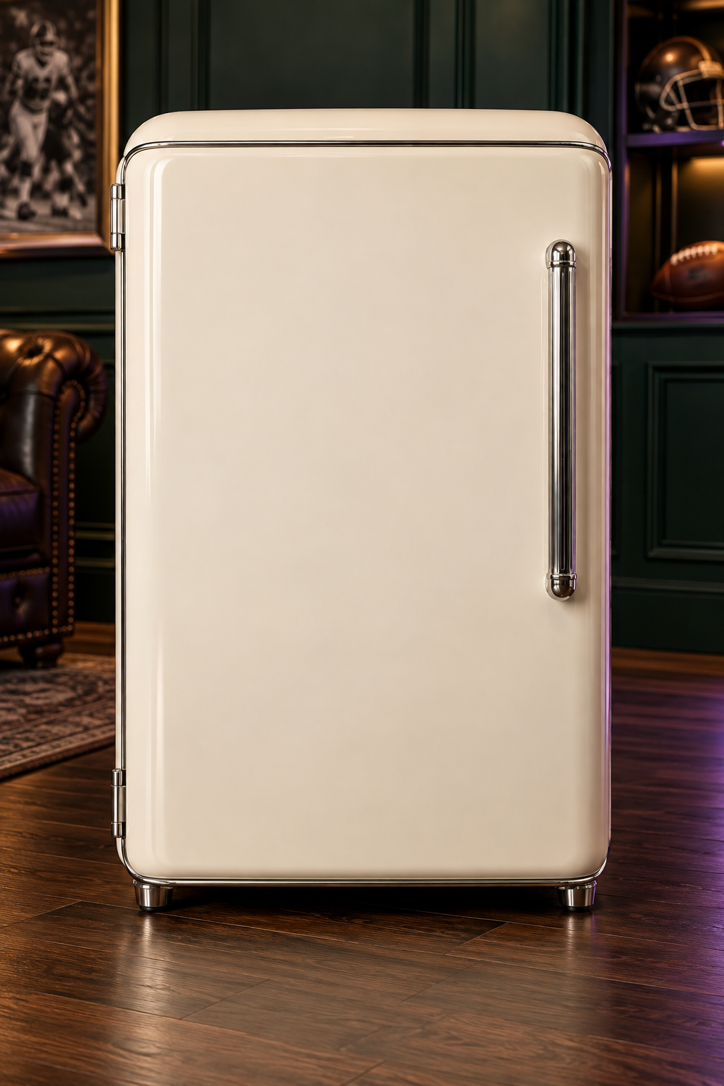 Illustrated cream retro fridge in a football lounge
