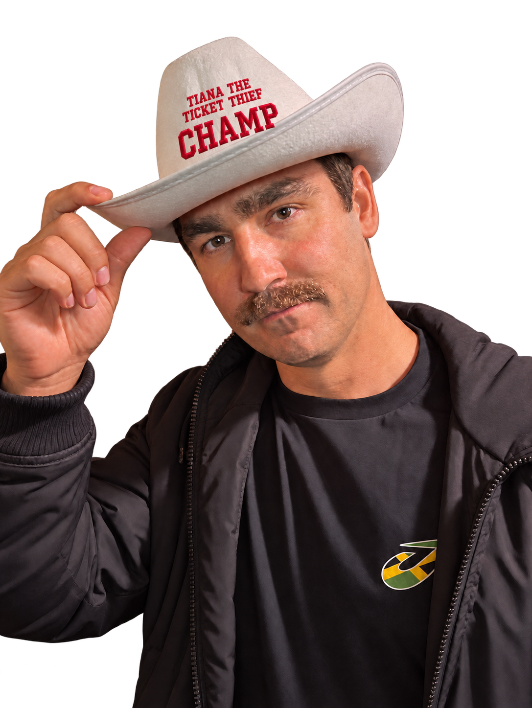 Eric tipping his cowboy hat, embroidered Tiana the Ticket Thief, Champ
