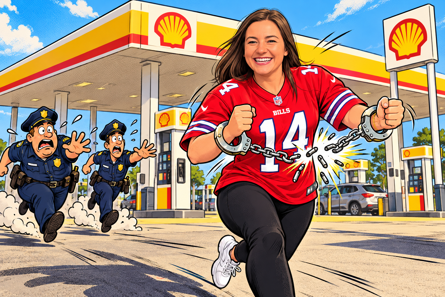 Fictional comic of Leah in a red Bills jersey snapping a handcuff chain, with cartoon officers running behind her at a Shell station