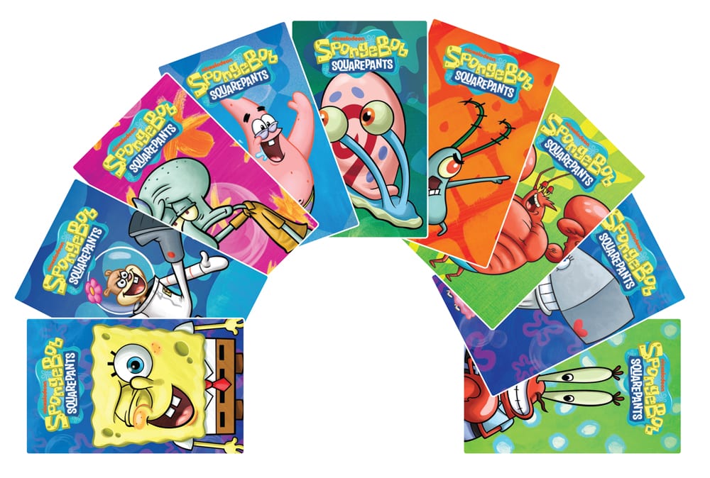 All nine SpongeBob Pineapple Arcade cards: SpongeBob, Sandy, Squidward, Patrick, Gary, Plankton, Larry, Pearl, and Mr. Krabs